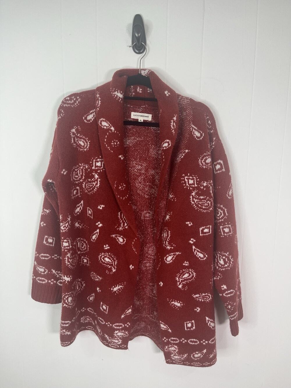 Lucky Brand Bandana Cardigan Women’s M Red Paisley Shawl Collar Open Front